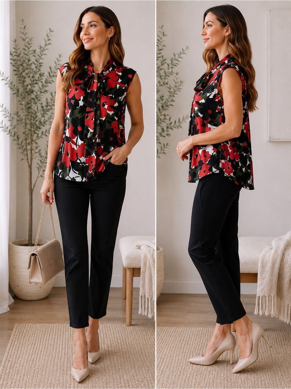 Nine West Sleeveless Satin Bohemian Top Floral Print Collar Ties in a Bow Size L